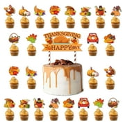 SLYNSHome 25Pcs Happy Thanksgiving Cupcake Toppers,Maple Leaf Pumpkin Fall Theme Cake Inserts Autumn Harvest Cupcake Picks for Happy Thanksgiving Day Theme Party Decorations Supplies